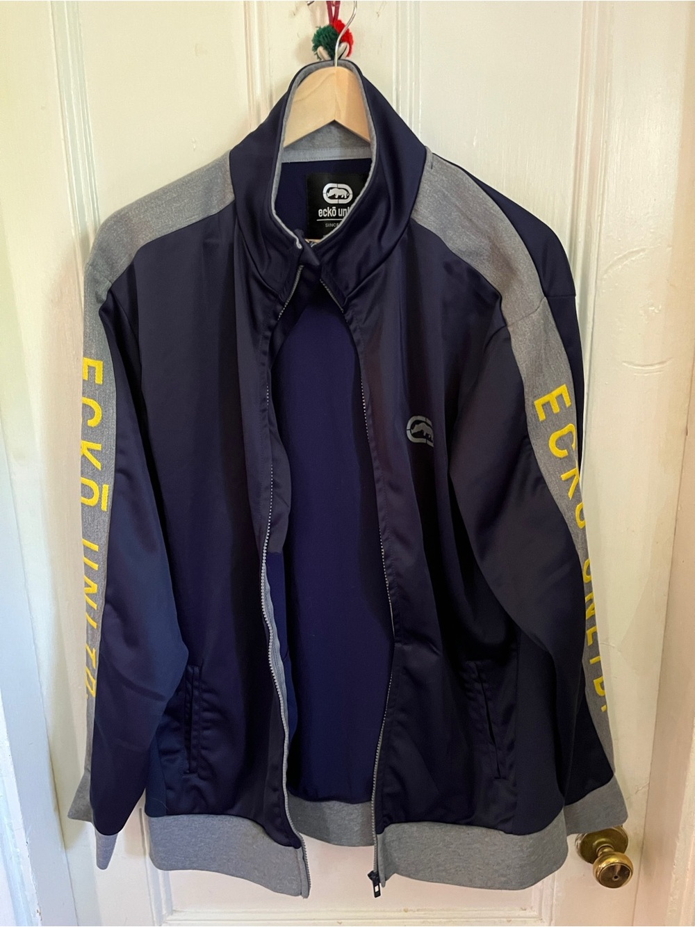 Ecko Unlimited Navy Bomber Jacket with Gray Panels and Yellow Logo